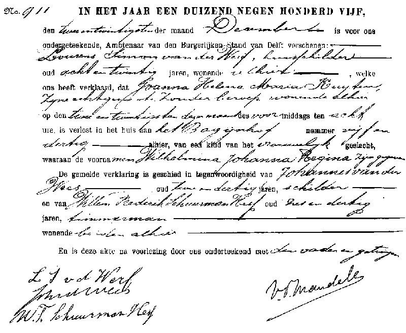 19051222 geb akte 911 Wilhelmina JR dv LS vd Werf - JHM Kuijten